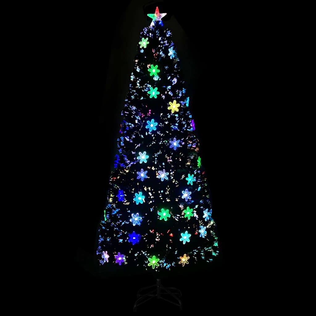 juletræ med LED-snefnug 210 cm fiberoptik sort
