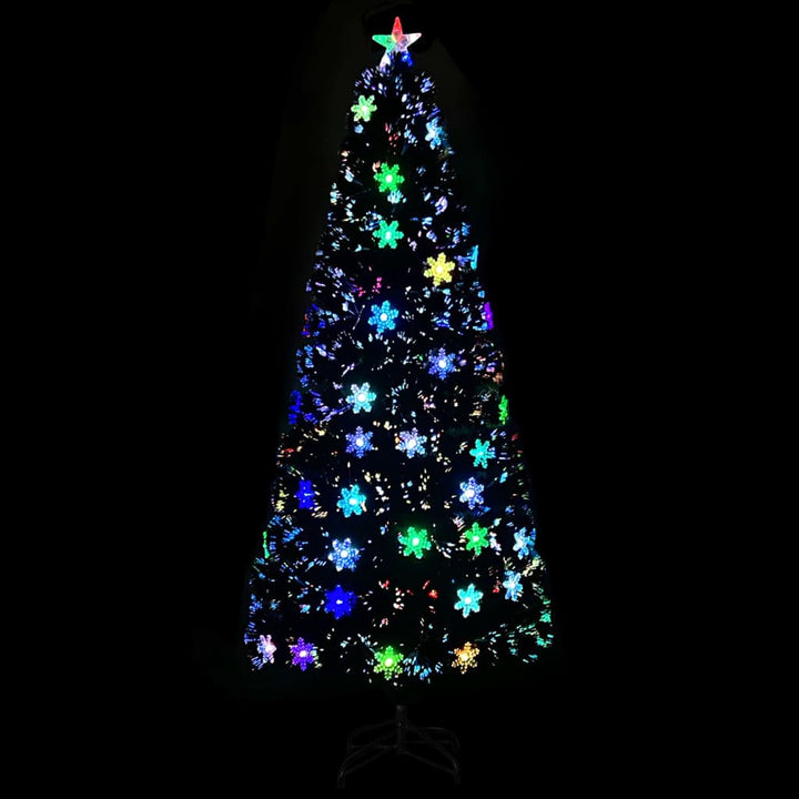 juletræ med LED-snefnug 210 cm fiberoptik sort