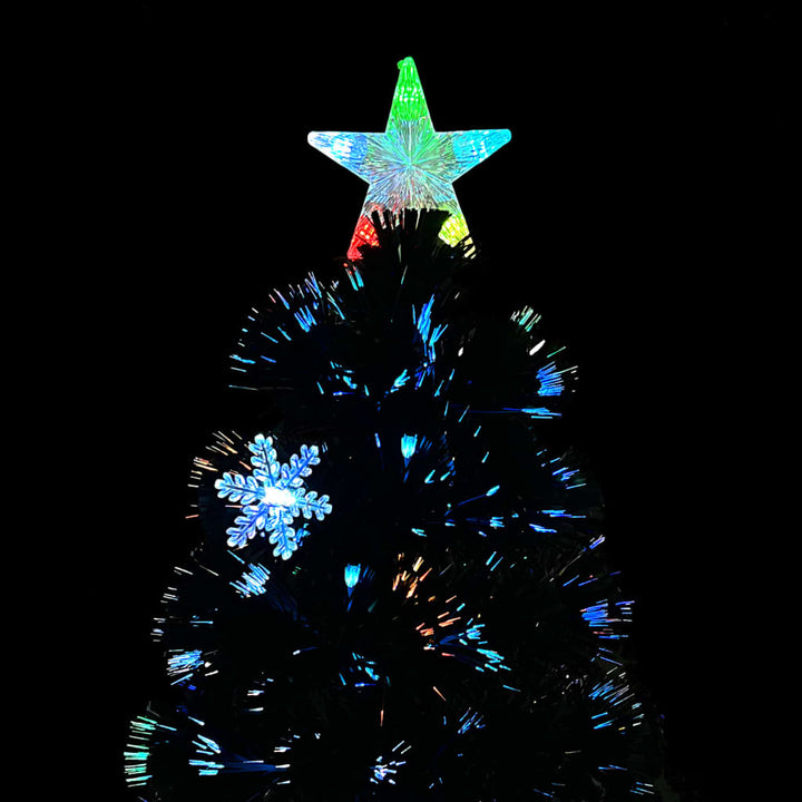 juletræ med LED-snefnug 210 cm fiberoptik sort