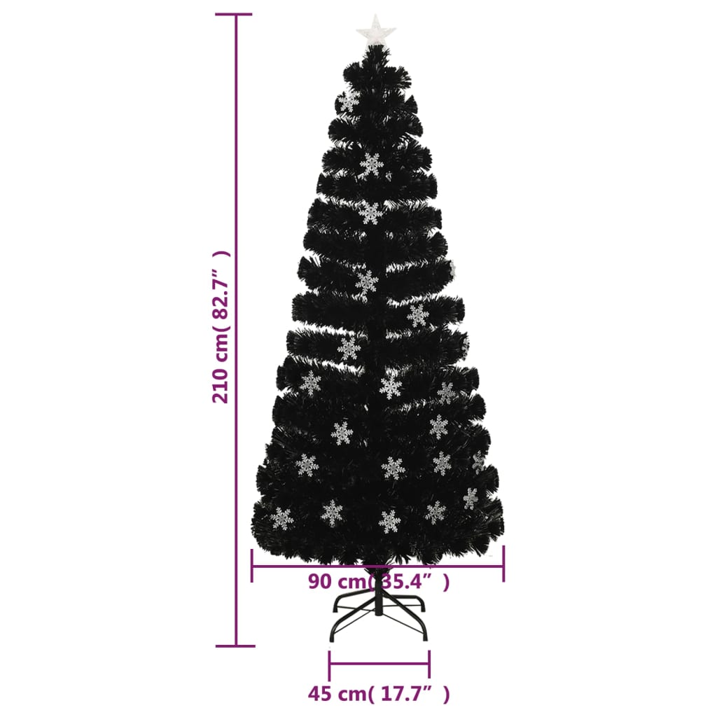 juletræ med LED-snefnug 210 cm fiberoptik sort