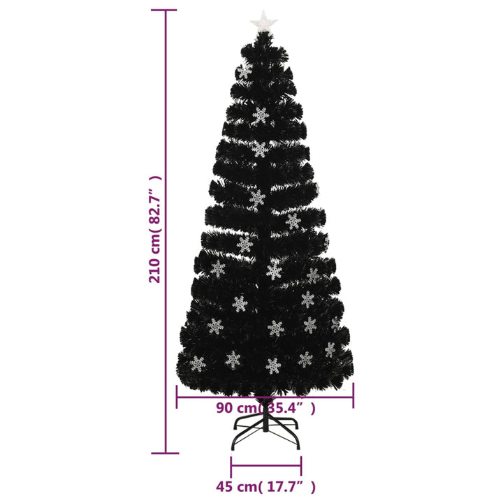 juletræ med LED-snefnug 210 cm fiberoptik sort