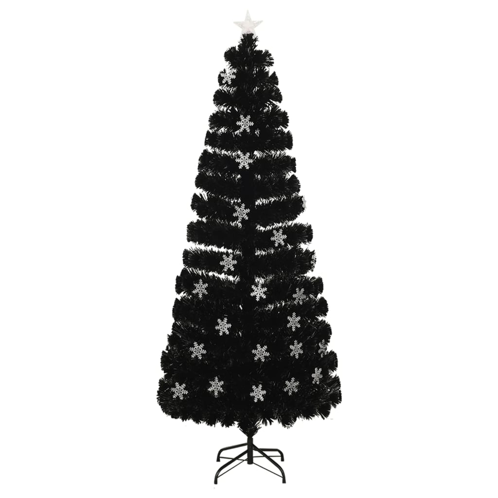 juletræ med LED-snefnug 240 cm fiberoptik sort
