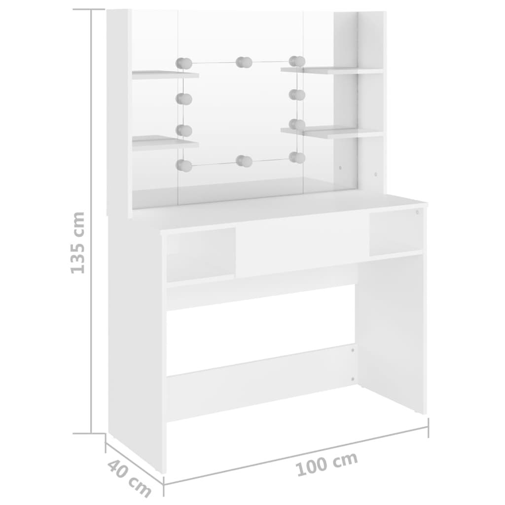 makeupbord med LED-lys 100x40x135 cm MDF hvid