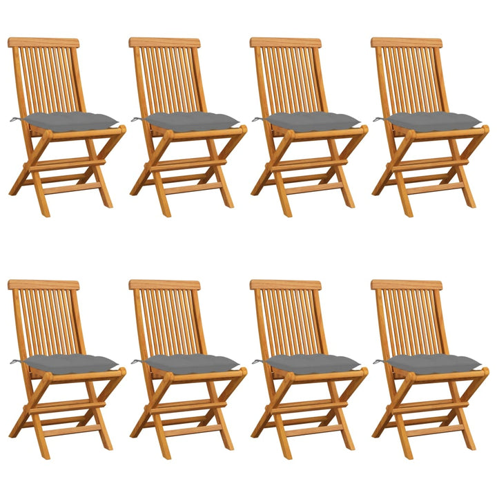 havestole med grå hynder 8 stk. massivt teaktræ