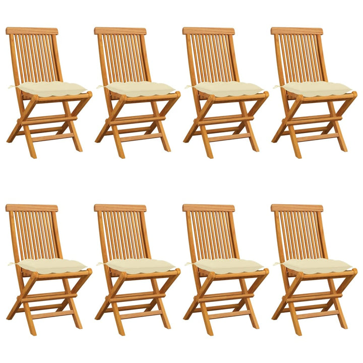 havestole med cremehvide hynder 8 stk. massivt teaktræ