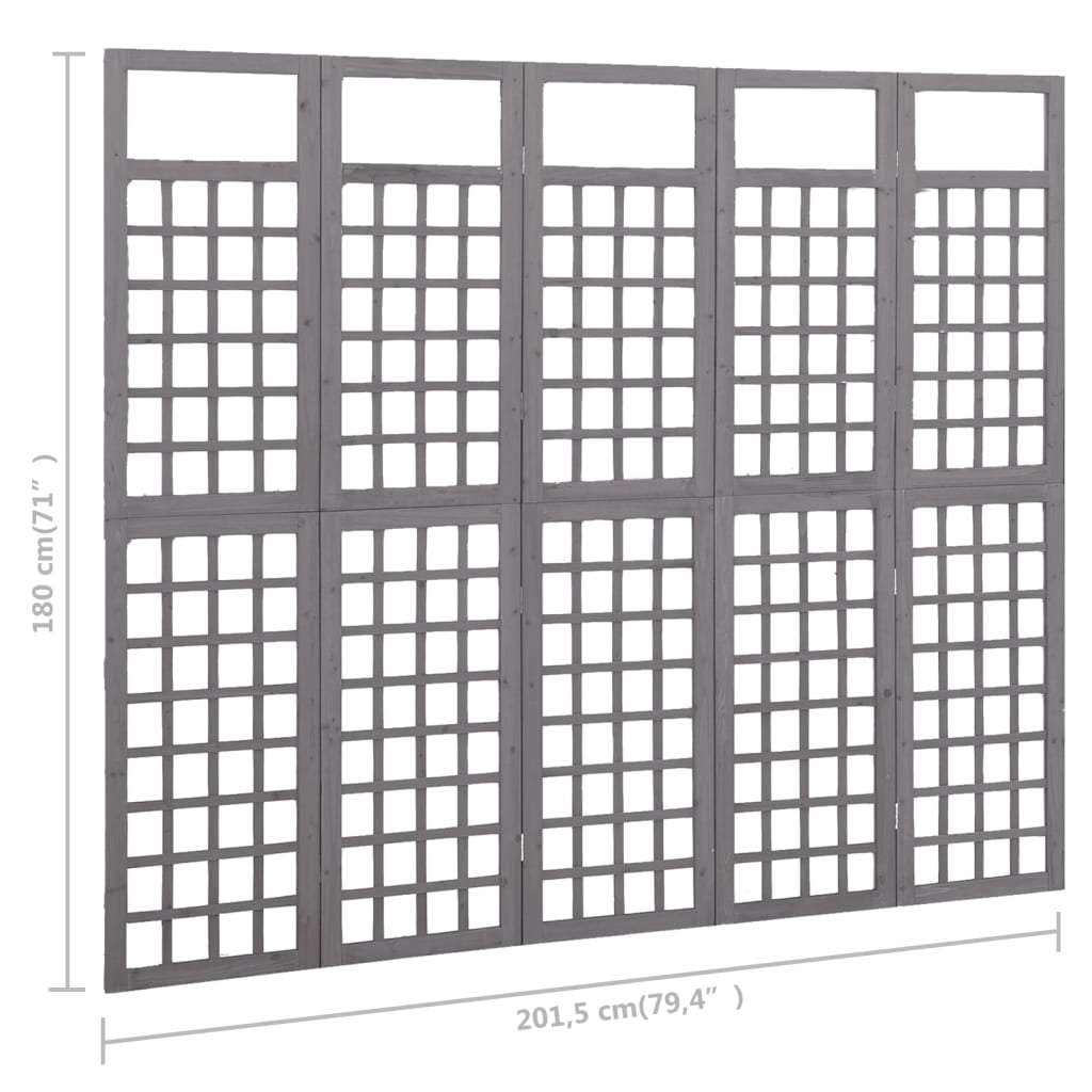 5-panels rumdeler/espalier 201,5x180 cm massivt grantræ grå