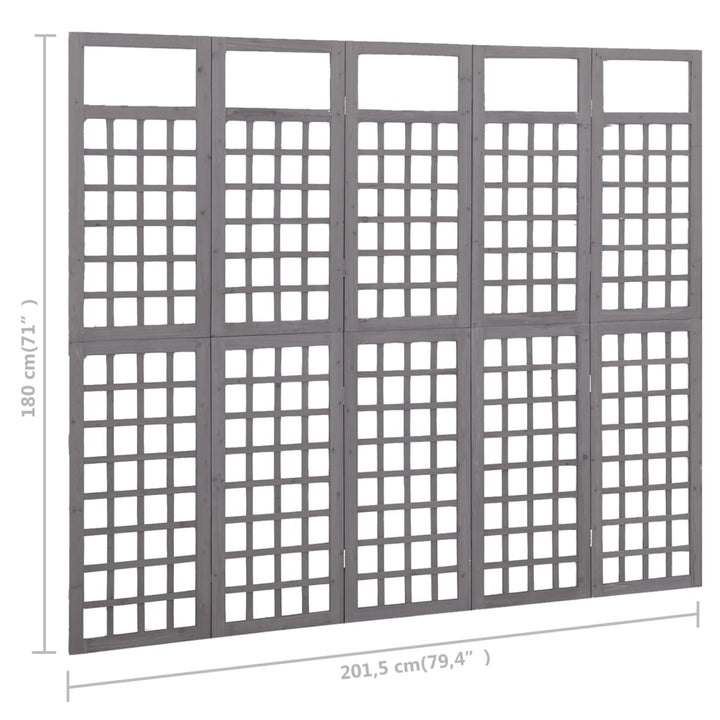 5-panels rumdeler/espalier 201,5x180 cm massivt grantræ grå