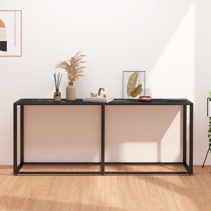 konsolbord 180x35x75,5 cm hærdet glas sort marmor