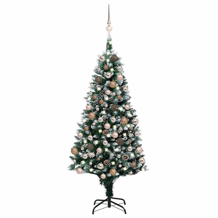 juletræ med sne + lys + julekugler og grankogler 150 cm