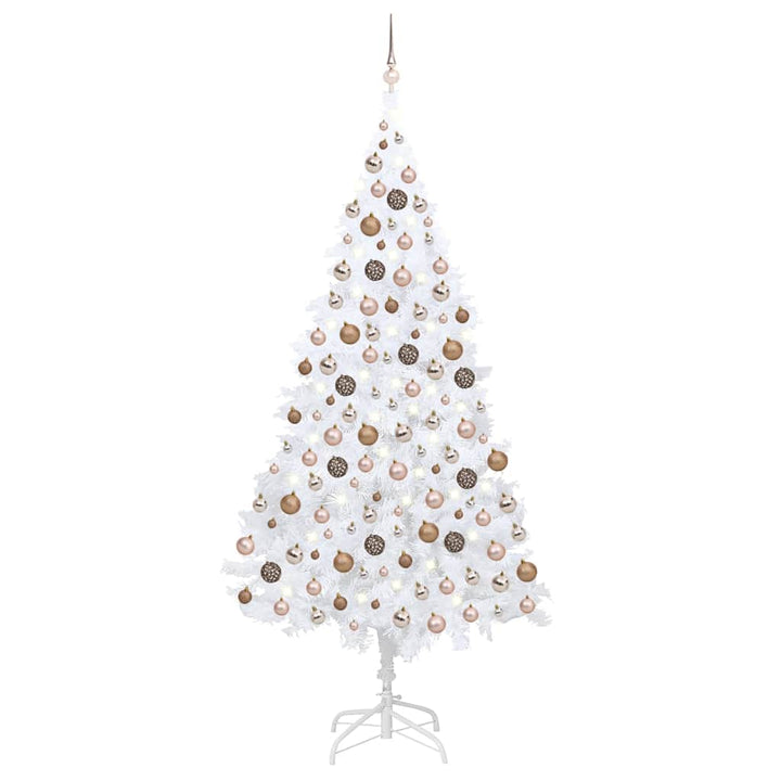 kunstigt juletræ med lys og kuglesæt 210 cm PVC hvid