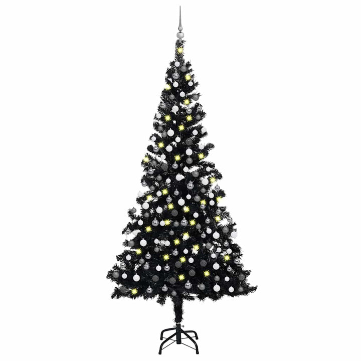 kunstigt juletræ med lys og kuglesæt 210 cm PVC sort