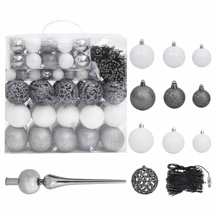 kunstigt juletræ med lys og kuglesæt 210 cm PVC sort