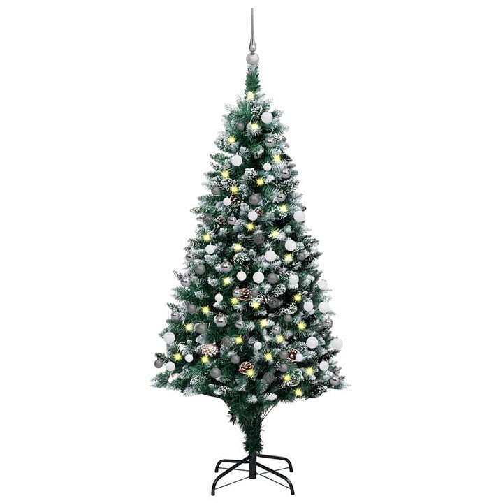 juletræ med sne + lys + julekugler og grankogler 180 cm