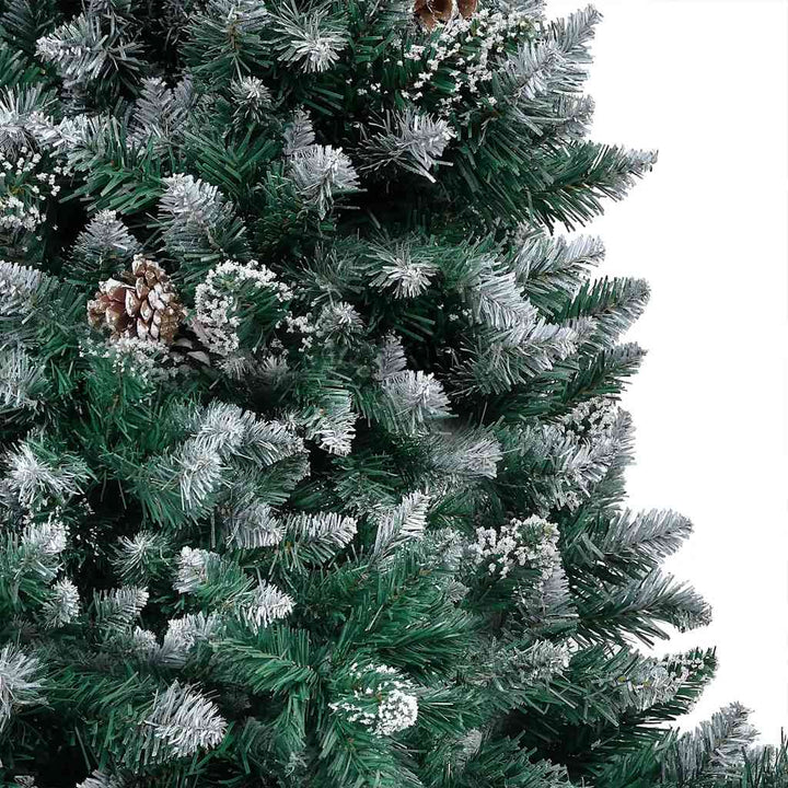 juletræ med sne + lys + julekugler og grankogler 180 cm
