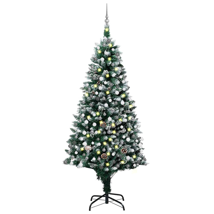 juletræ med sne + lys + julekugler og grankogler 210 cm