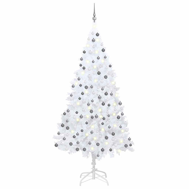 kunstigt juletræ med lys og kuglesæt 210 cm PVC hvid