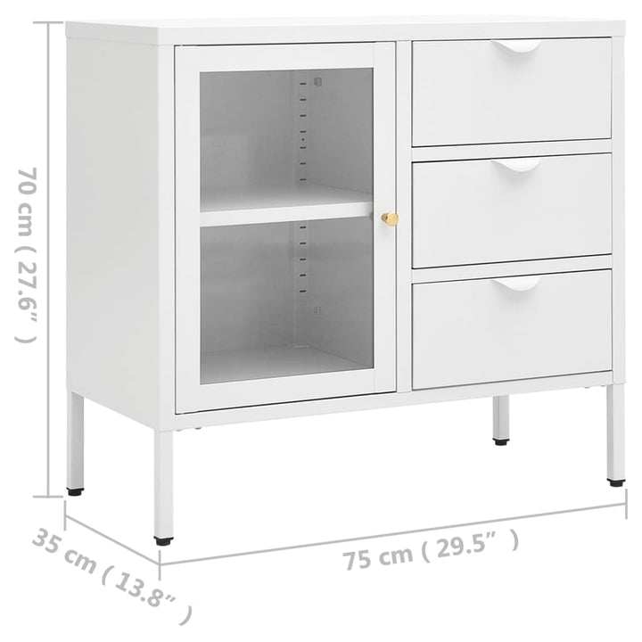 skænk 75x35x70 cm stål og hærdet glas hvid