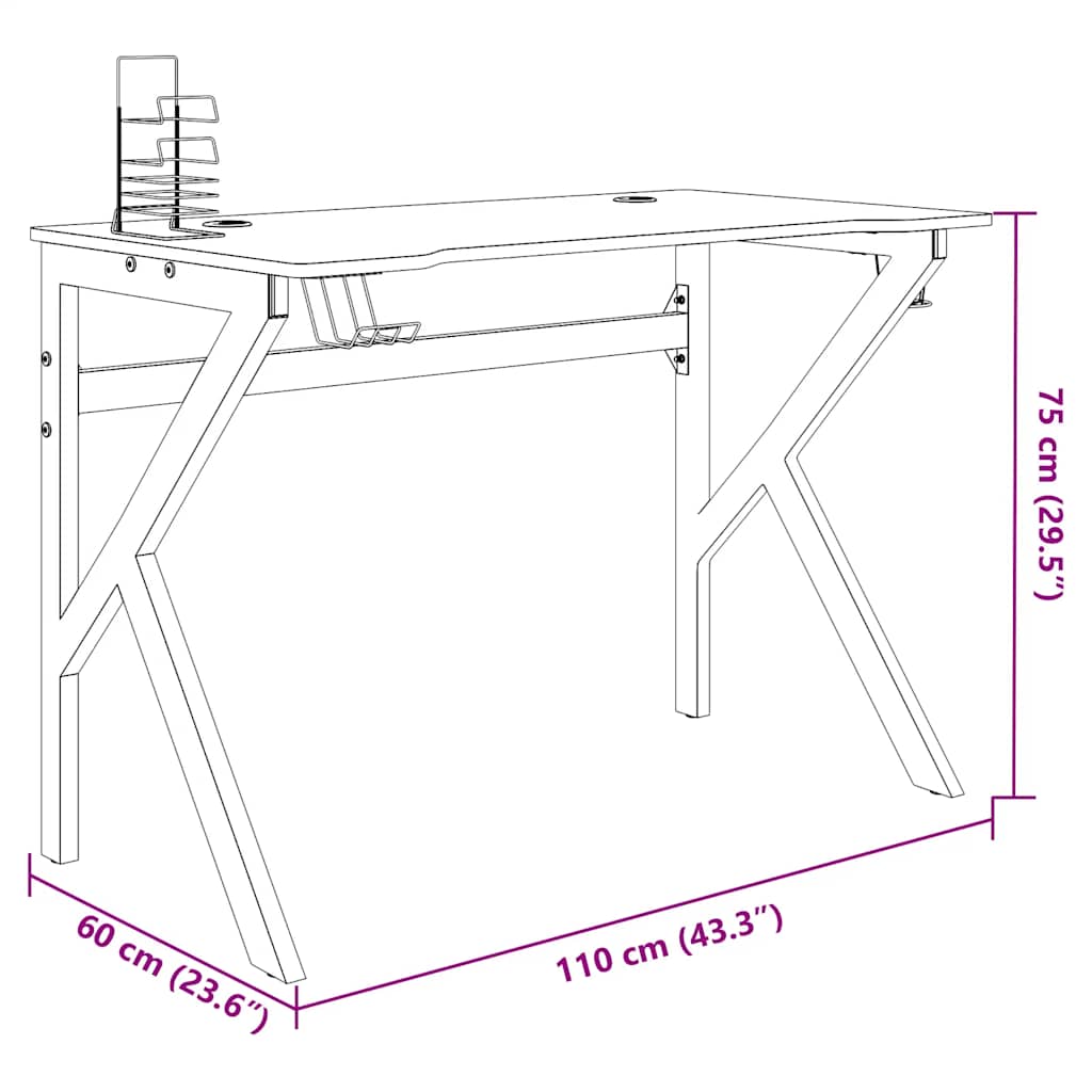 gamerbord 110x60x75 cm K-formede ben sort