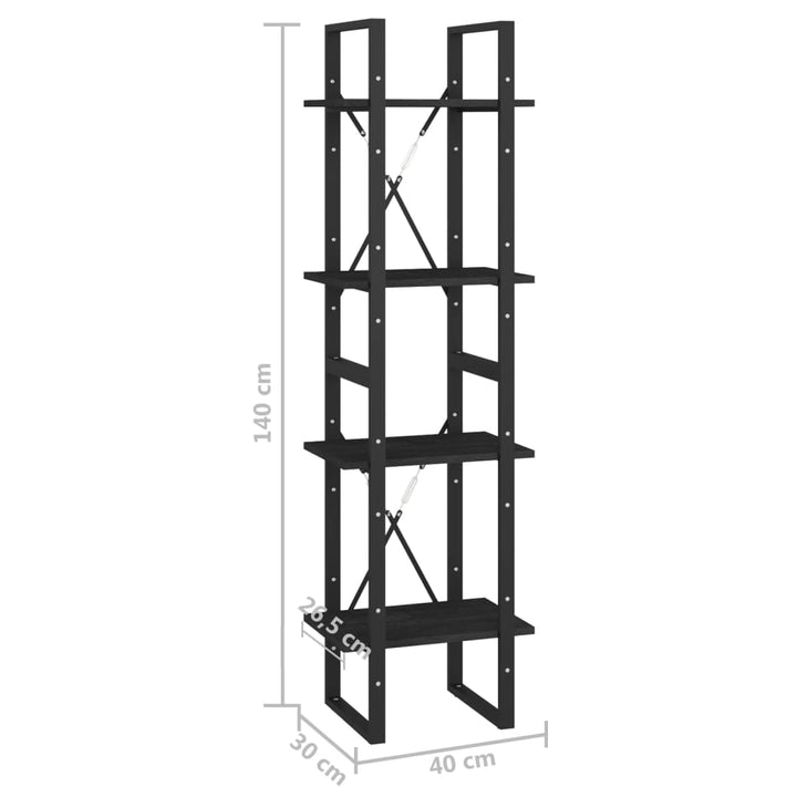 bogreol 40x30x140 cm 4 hylder massivt fyrretræ sort