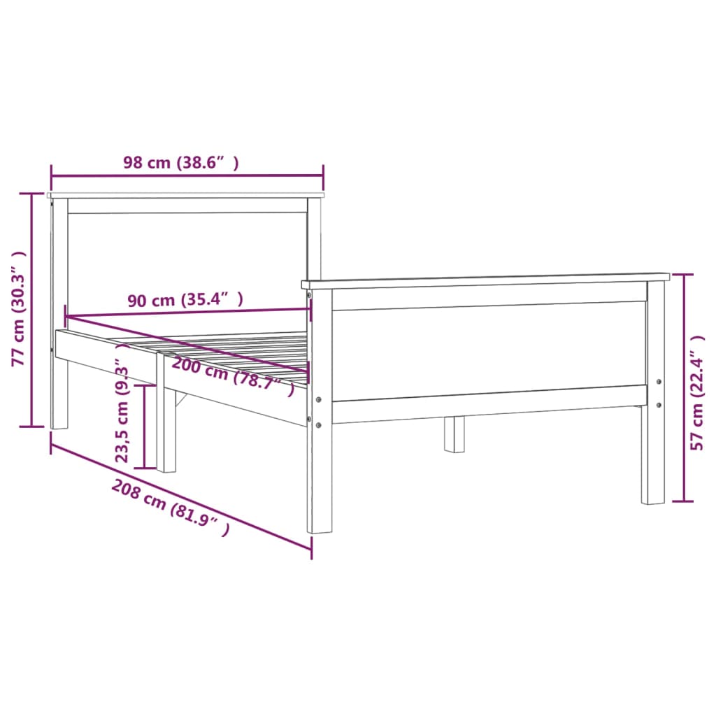 sengestel 90x200 cm massivt fyrretræ