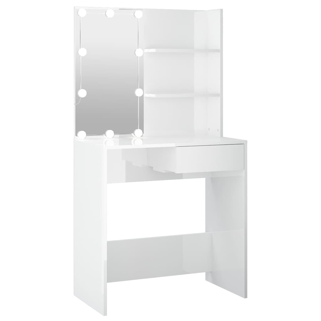makeupbord med LED-lys 74,5x40x141 cm hvid højglans