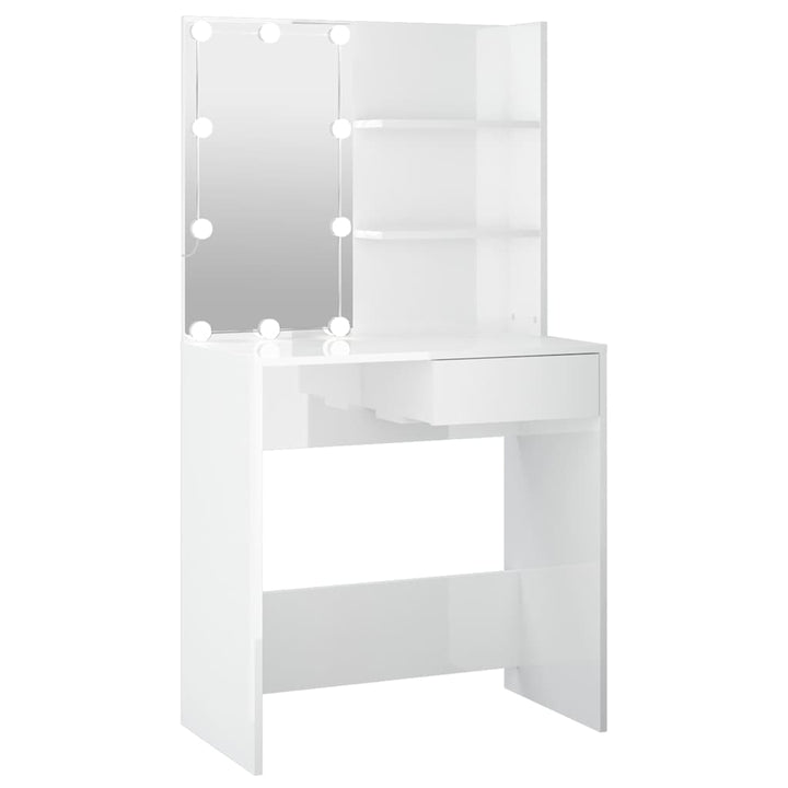 makeupbord med LED-lys 74,5x40x141 cm hvid højglans