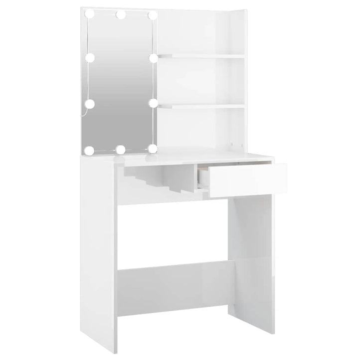 makeupbord med LED-lys 74,5x40x141 cm hvid højglans