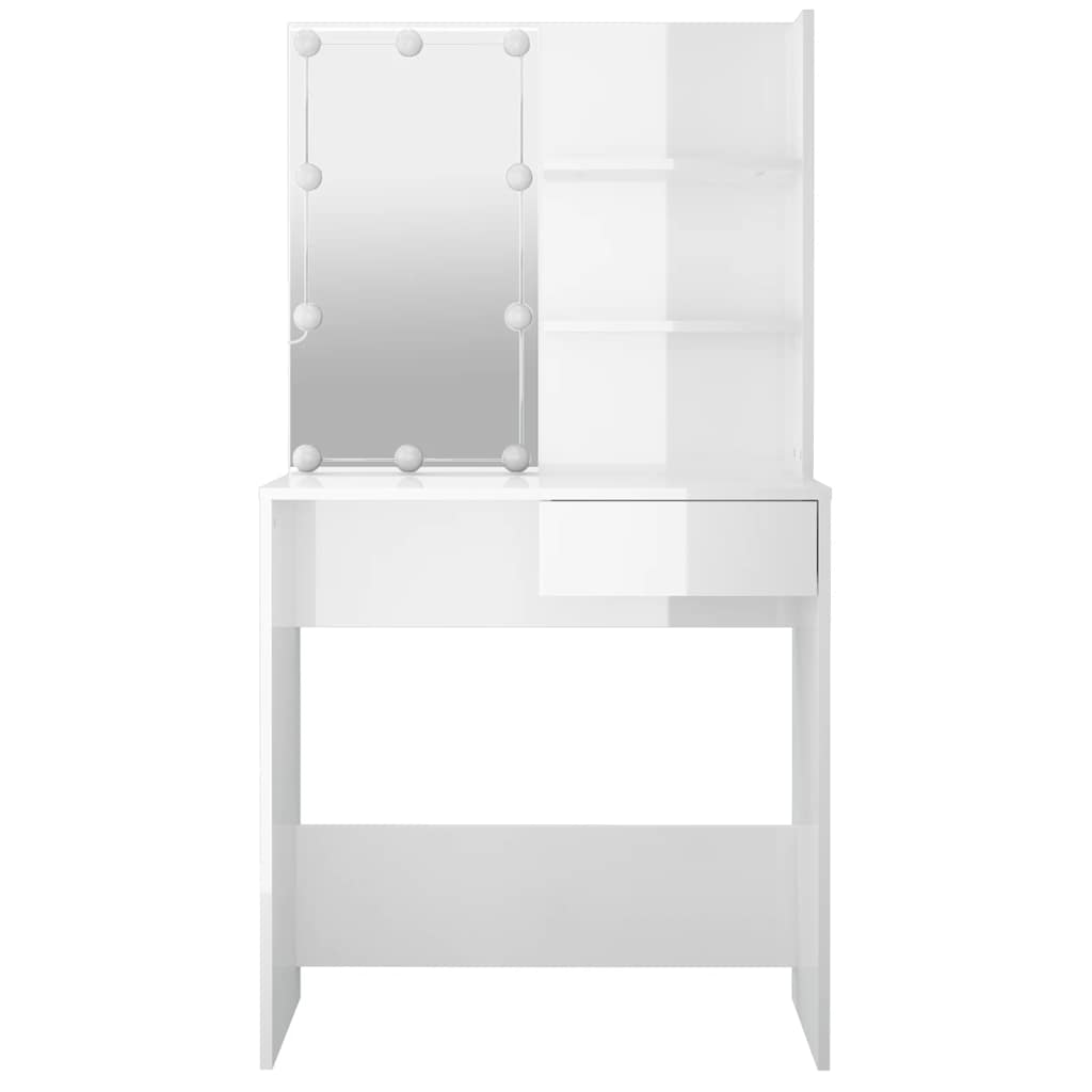 makeupbord med LED-lys 74,5x40x141 cm hvid højglans