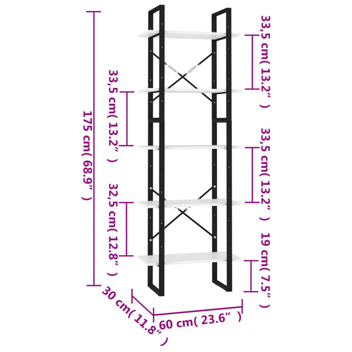 bogreol med 5 hylder 60x30x175 cm konstrueret træ hvid