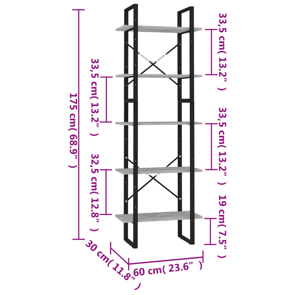 bogreol med 5 hylder 60x30x175 cm konstrueret træ betongrå