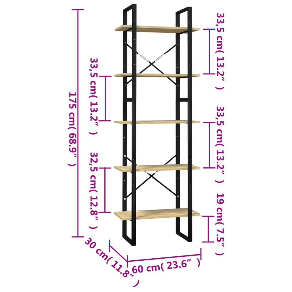 bogreol med 5 hylder 60x30x175 cm fyrretræ
