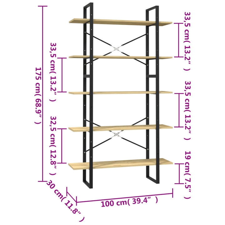 bogreol med 5 hylder 100x30x175 cm massivt fyrretræ