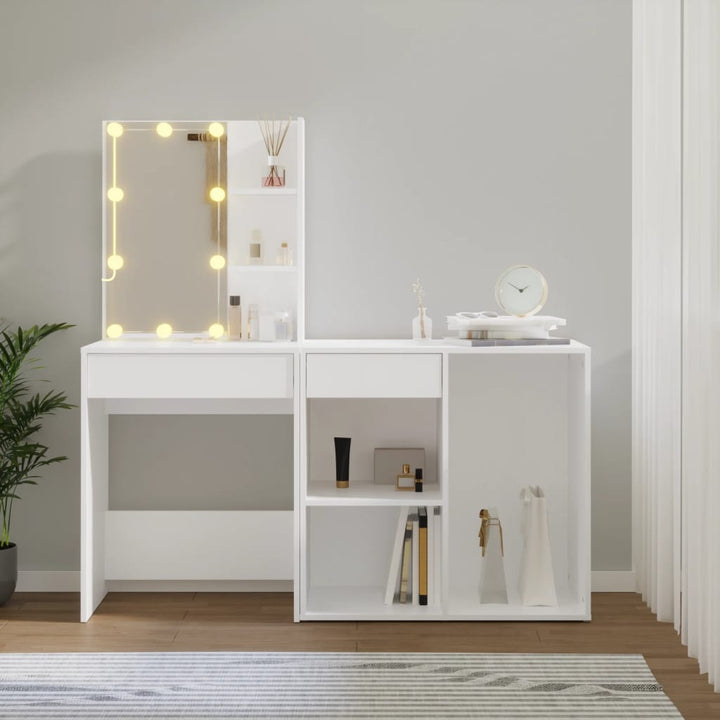 makeupbord med LED-lys og skab konstrueret træ hvid