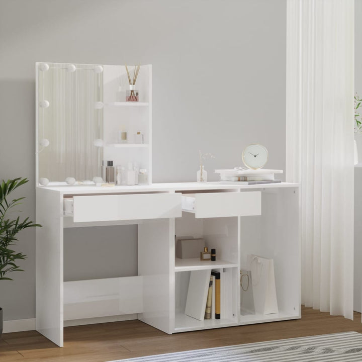 makeupbord med LED-lys og skab konstrueret træ hvid