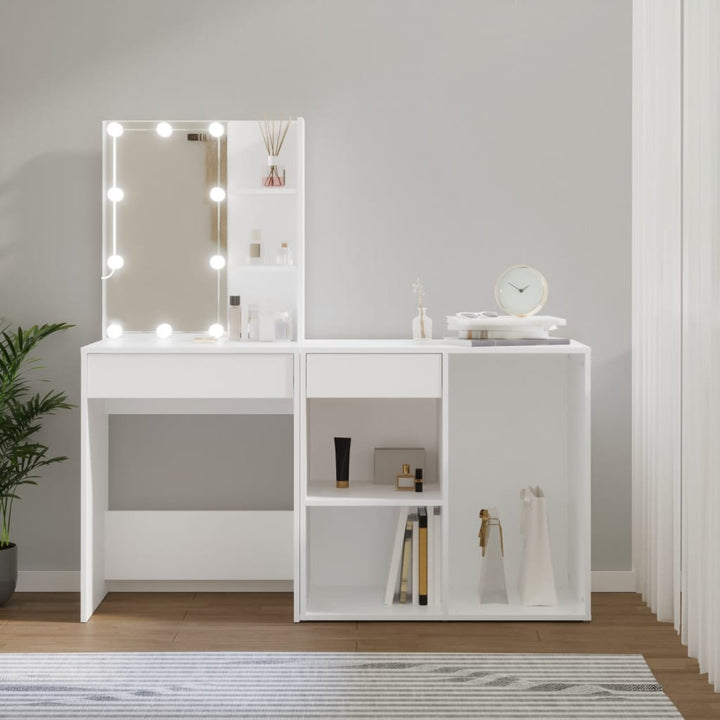 makeupbord med LED-lys og skab konstrueret træ hvid