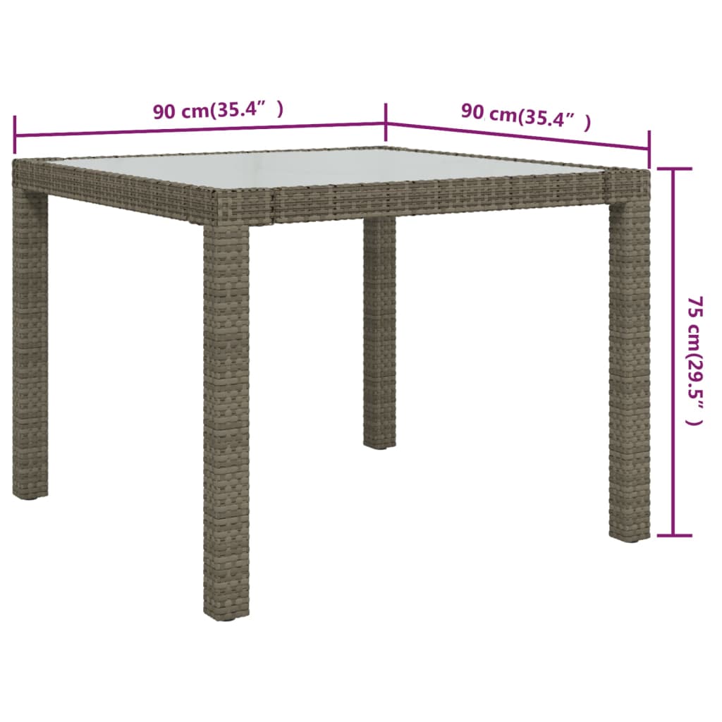 havebord 90x90x75 cm hærdet glas og polyrattan grå