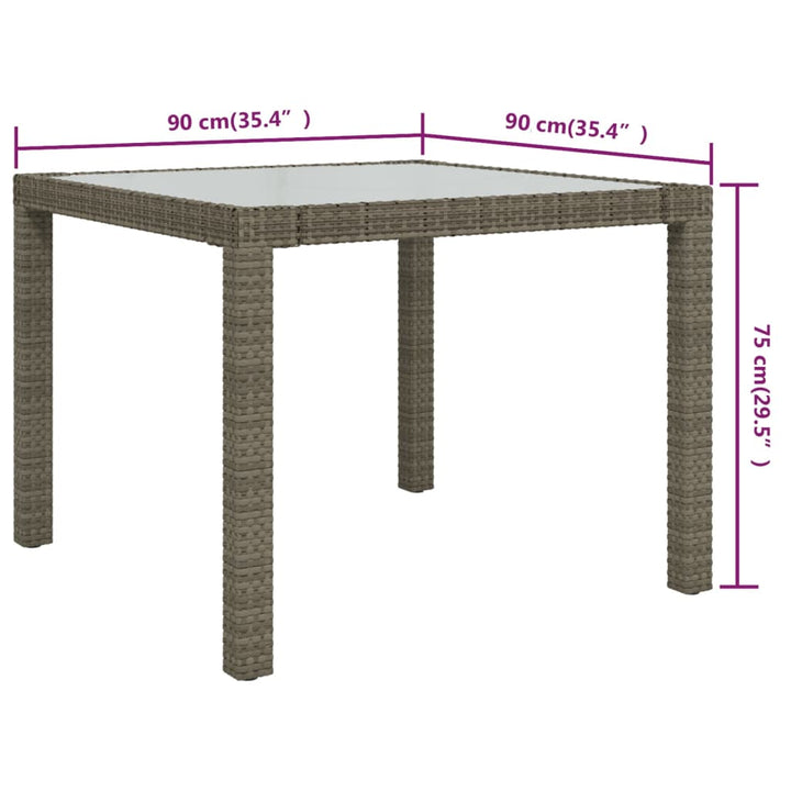 havebord 90x90x75 cm hærdet glas og polyrattan grå