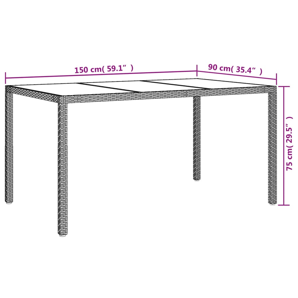 havebord 150x90x75 cm hærdet glas og polyrattan brun