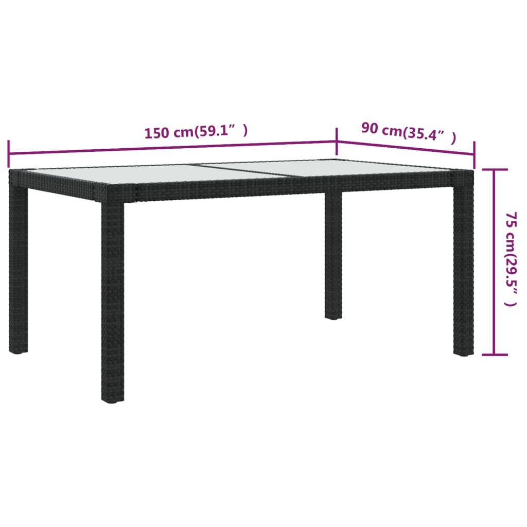 havebord 150x90x75 cm hærdet glas og polyrattan sort