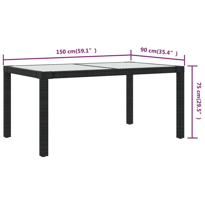 havebord 150x90x75 cm hærdet glas og polyrattan sort