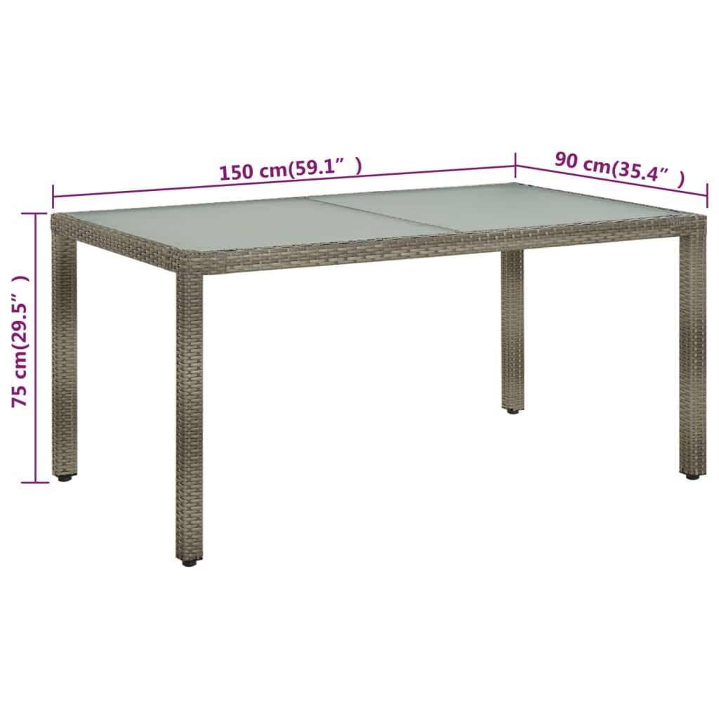 havebord 150x90x75 cm hærdet glas og polyrattan grå