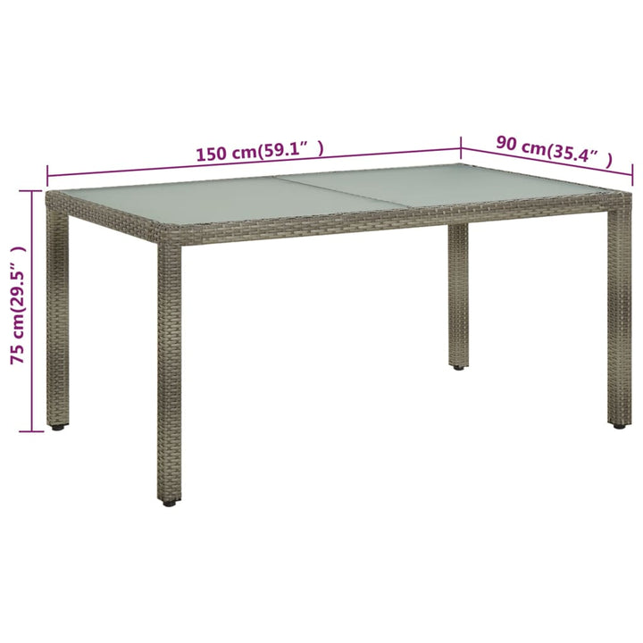 havebord 150x90x75 cm hærdet glas og polyrattan grå