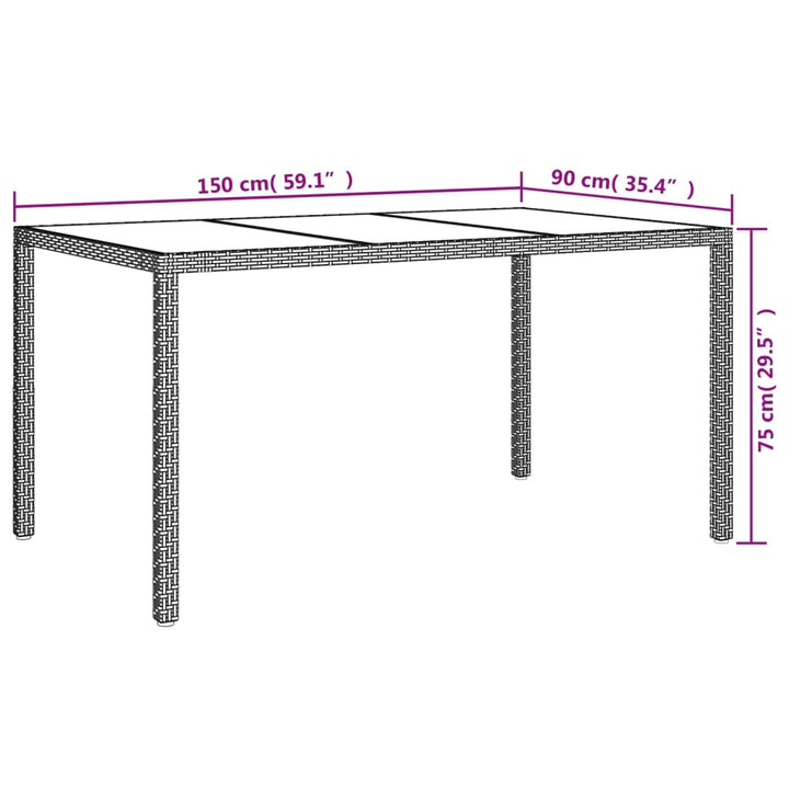 havebord 150x90x75 cm hærdet glas og polyrattan grå
