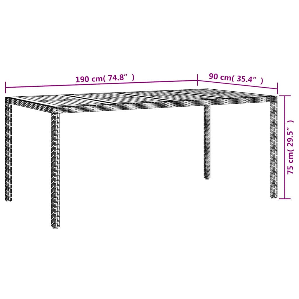 havebord 190x90x75 cm polyrattan og akacietræ sort