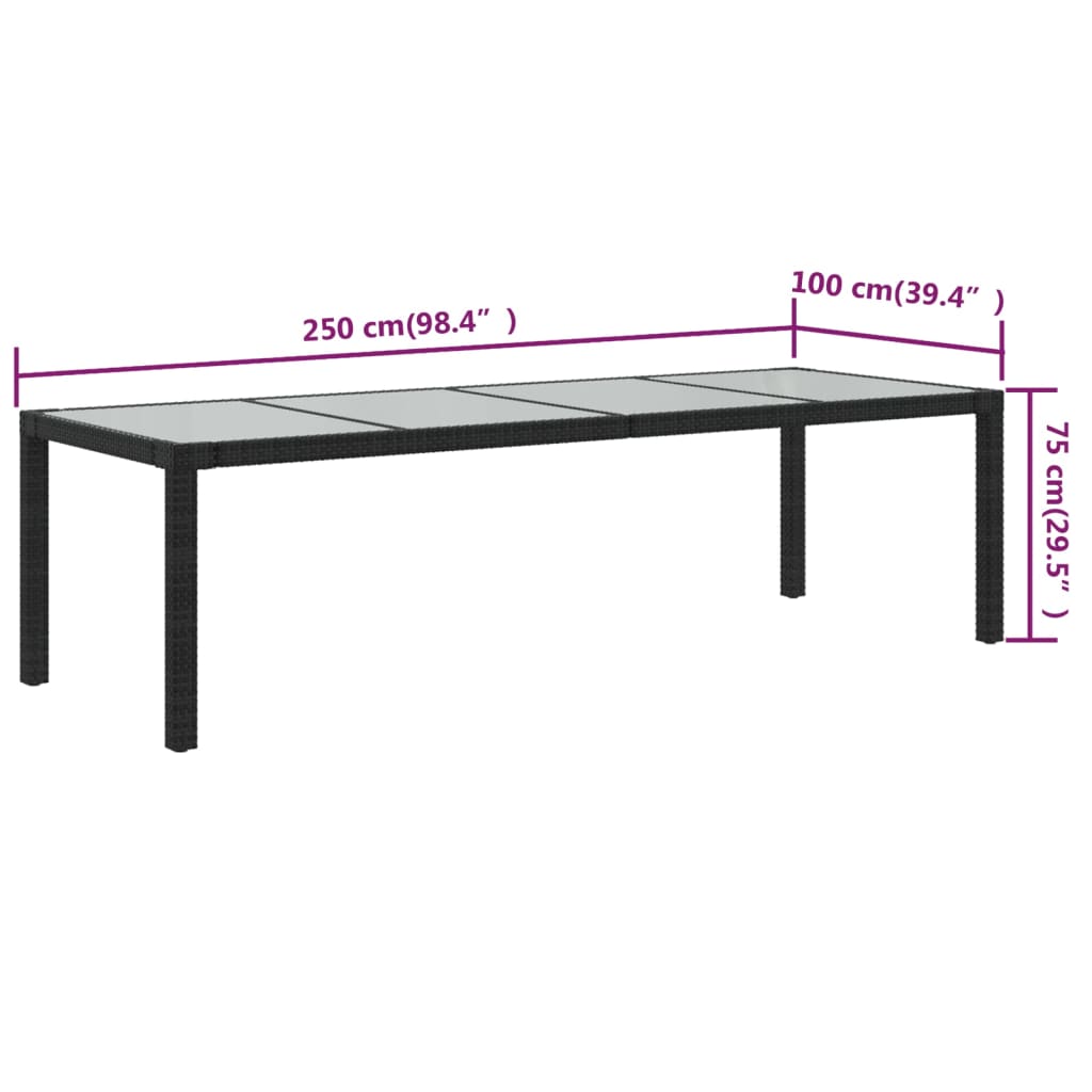 havebord 250x100x75 cm hærdet glas og polyrattan sort