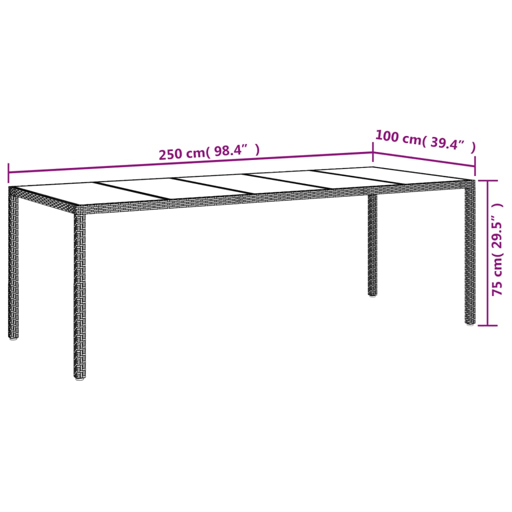 havebord 250x100x75 cm hærdet glas og polyrattan grå