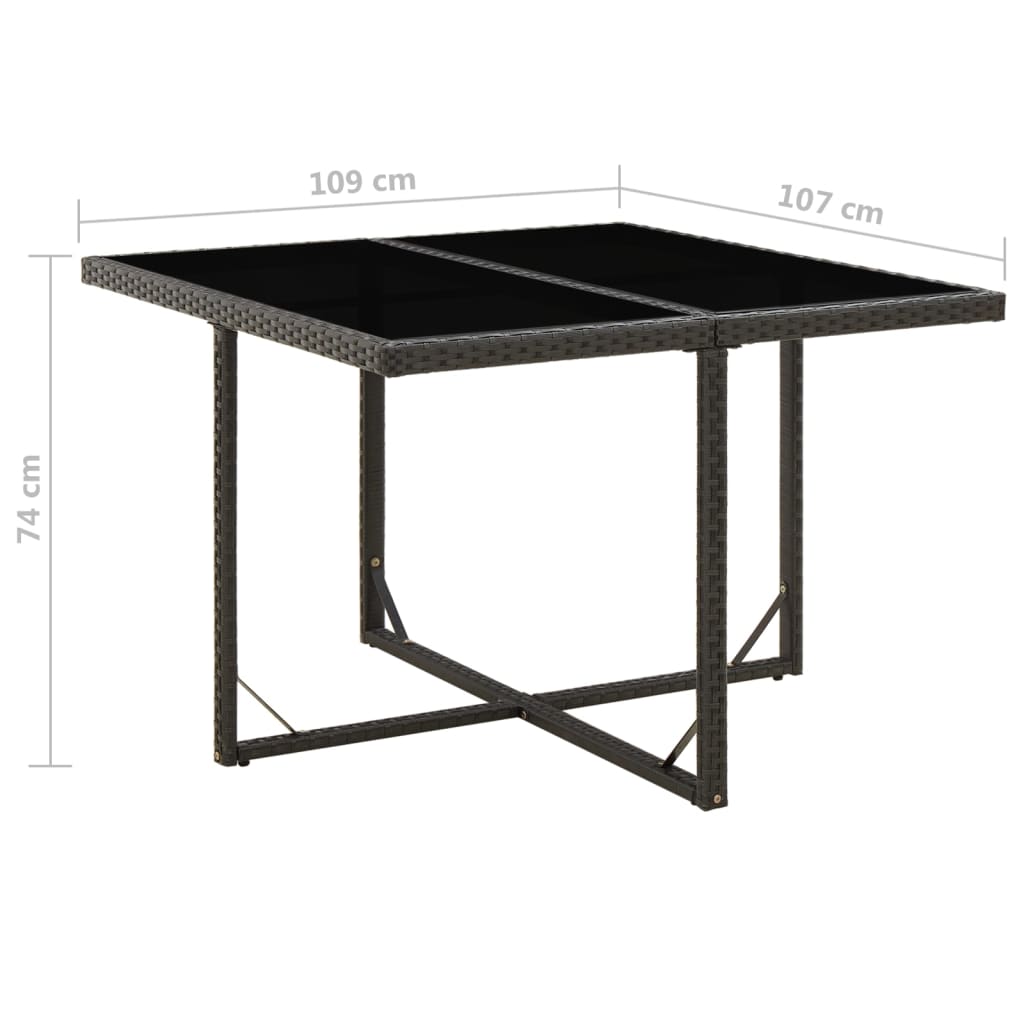 havebord 109x107x74 cm polyrattan og glas sort