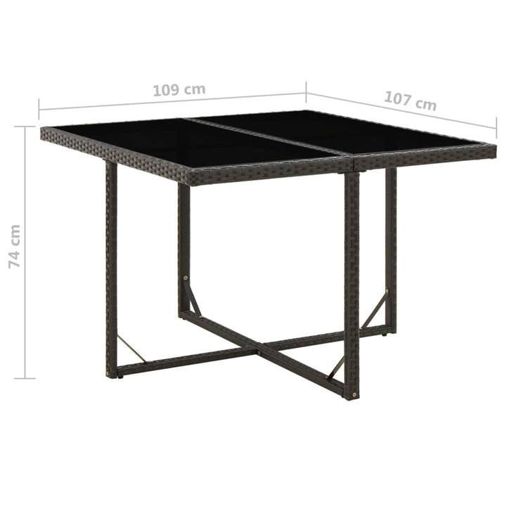 havebord 109x107x74 cm polyrattan og glas sort