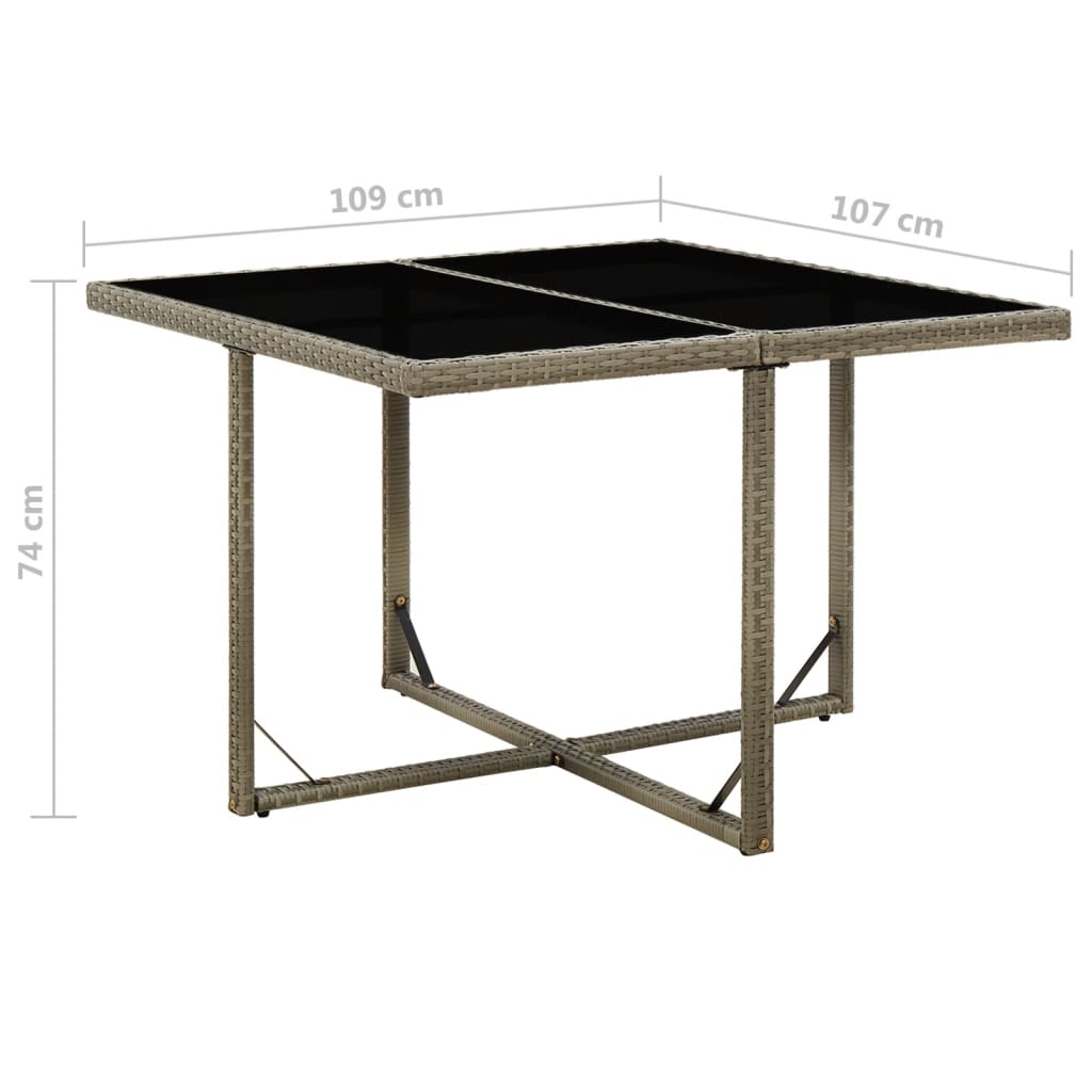 havebord 109x107x74 cm polyrattan og glas grå