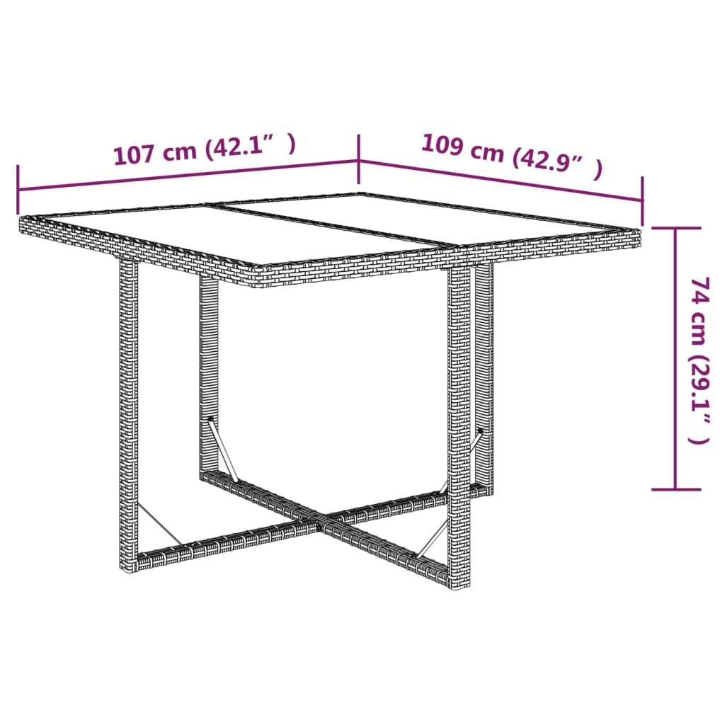 havebord 109x107x74 cm polyrattan og glas brun